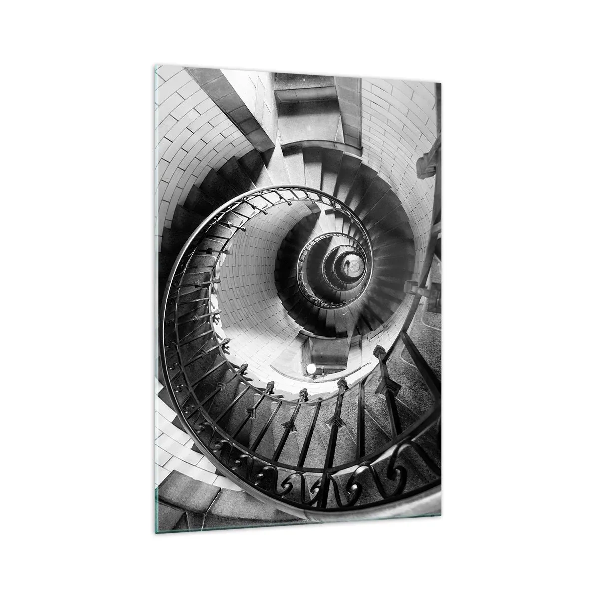 Impression sur verre - Image sur verre - Photographie en noir et blanc d'un escalier en colimaçon avec une perspective de haut en bas - 70x100cm - De plus en plus haut - Décoration murale moderne pour le salon et la chambre ARTTOR
