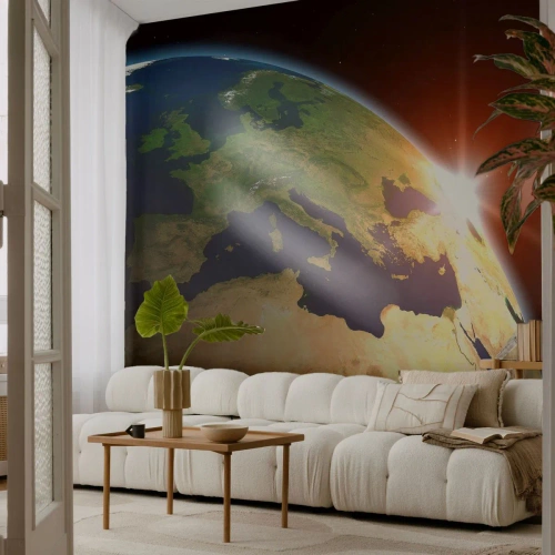 Papier Peint Photo Premium Canvas - Lever de soleil - Cosmos, Globe, Continents - 500x350 cm