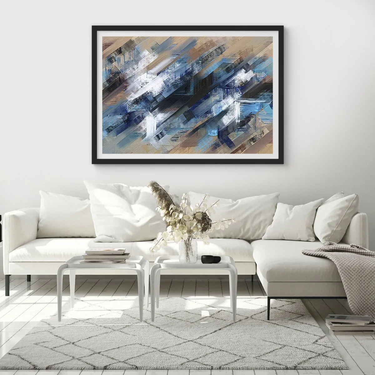 Affiche dans un cadre noir - Poster - Composition abstraite avec des lignes diagonales bleues - 100x70cm - Diagonale de bleus - Décoration murale moderne pour le salon et la chambre ARTTOR