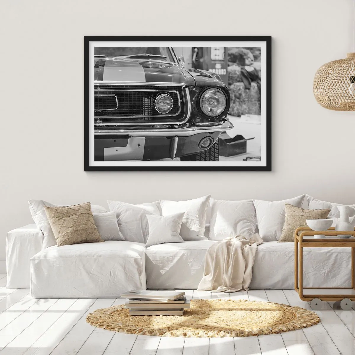 Affiche dans un cadre noir - Poster - Capot de voiture classique noir et blanc - 100x70cm - Conduire dur - Décoration murale moderne pour le salon et la chambre ARTTOR