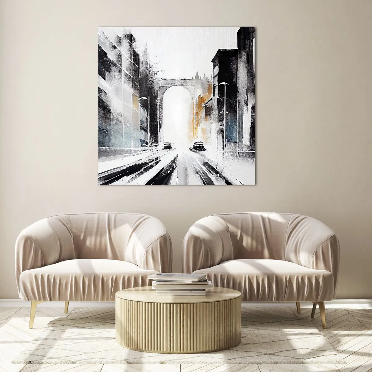 Impression sur verre - Image sur verre - Étude de ville : architecture et mouvement - 70x70 cm