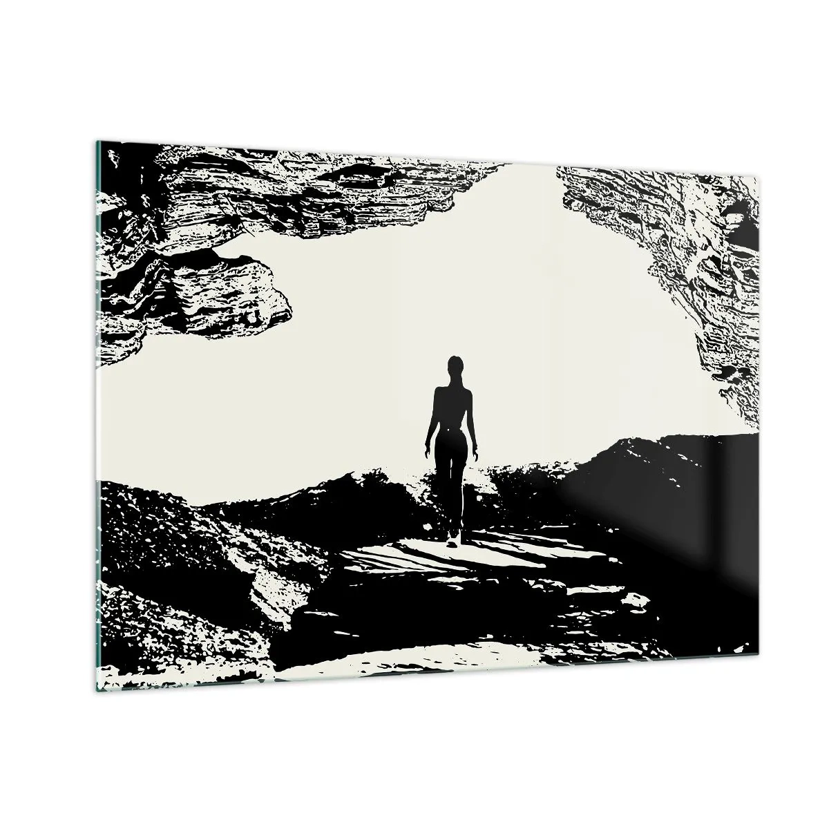 Impression sur verre - Image sur verre - Silhouette d'une femme sortant d'une grotte en graphisme noir et blanc - 100x70cm - Nouveau look - Décoration murale moderne pour le salon et la chambre ARTTOR