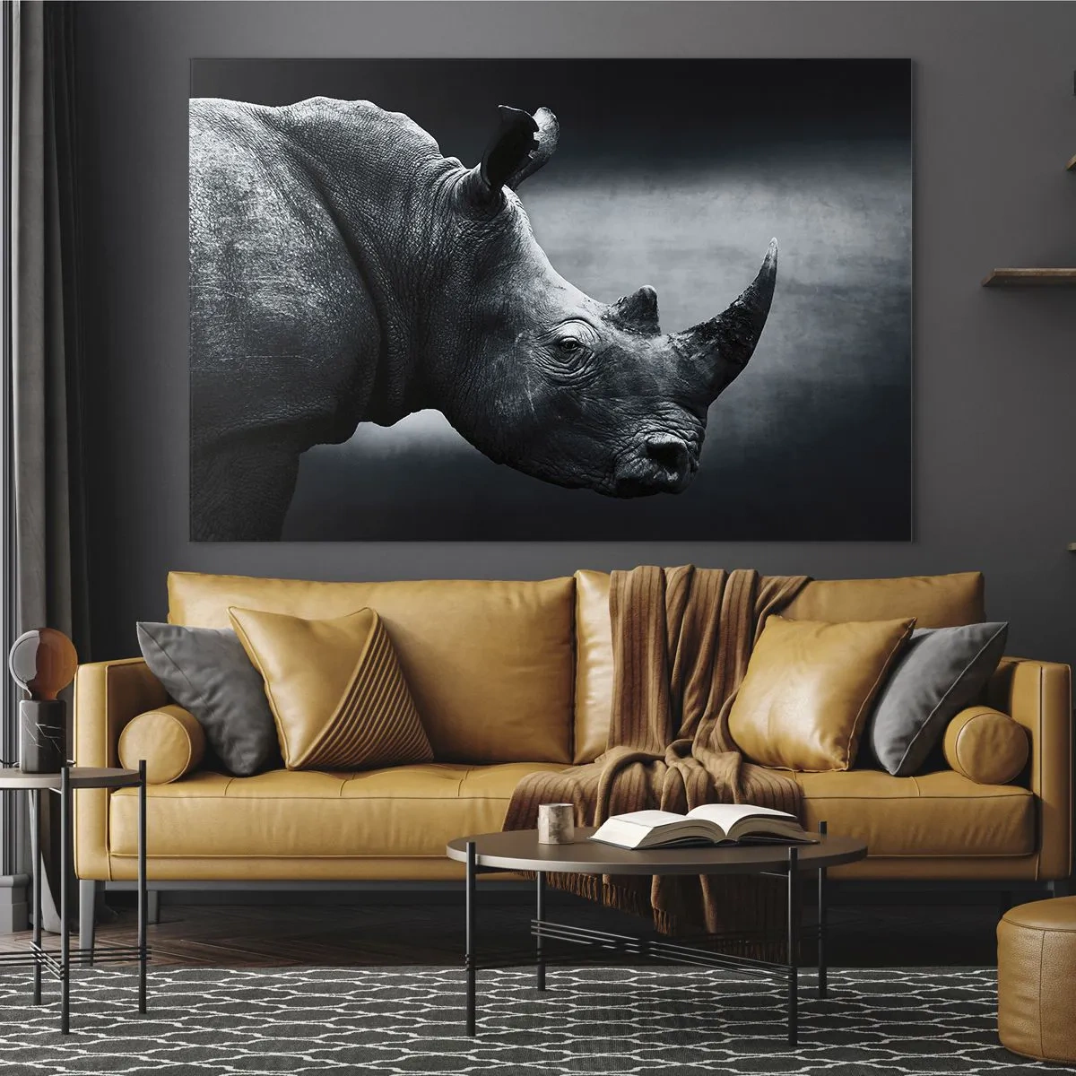 Impression sur verre - Image sur verre - Photographie en noir et blanc d'un rhinocéros - 120x80cm - Le profil droit - Décoration murale moderne pour le salon et la chambre ARTTOR
