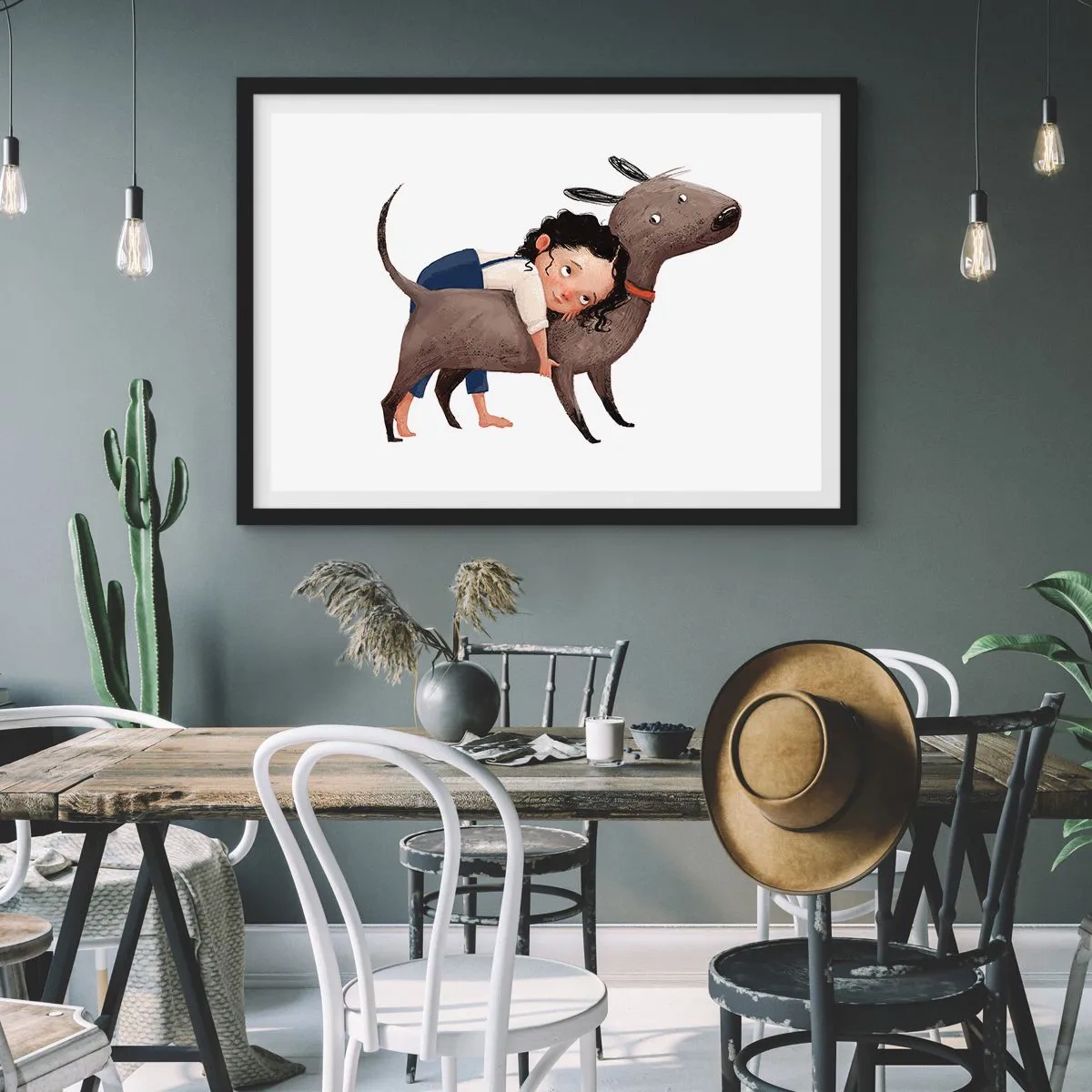 Affiche dans un cadre noir - Poster - Illustration de style dessin animé d'un enfant serrant un chien dans ses bras - 70x50cm - Les meilleurs amis - Décoration murale moderne pour le salon et la chambre ARTTOR
