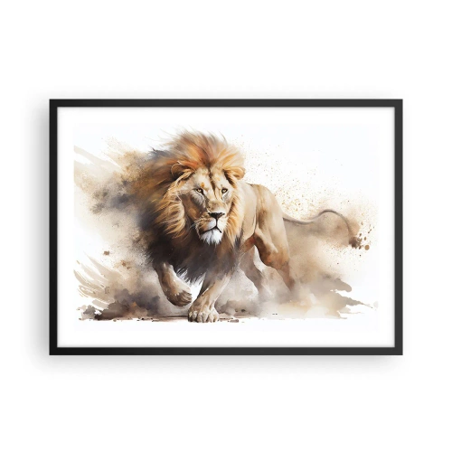 Affiche dans un cadre noir - Poster - Un portrait dynamique d'un lion aux couleurs naturelles. - 70x50cm - Le roi bougea - Décoration murale moderne pour le salon et la chambre ARTTOR