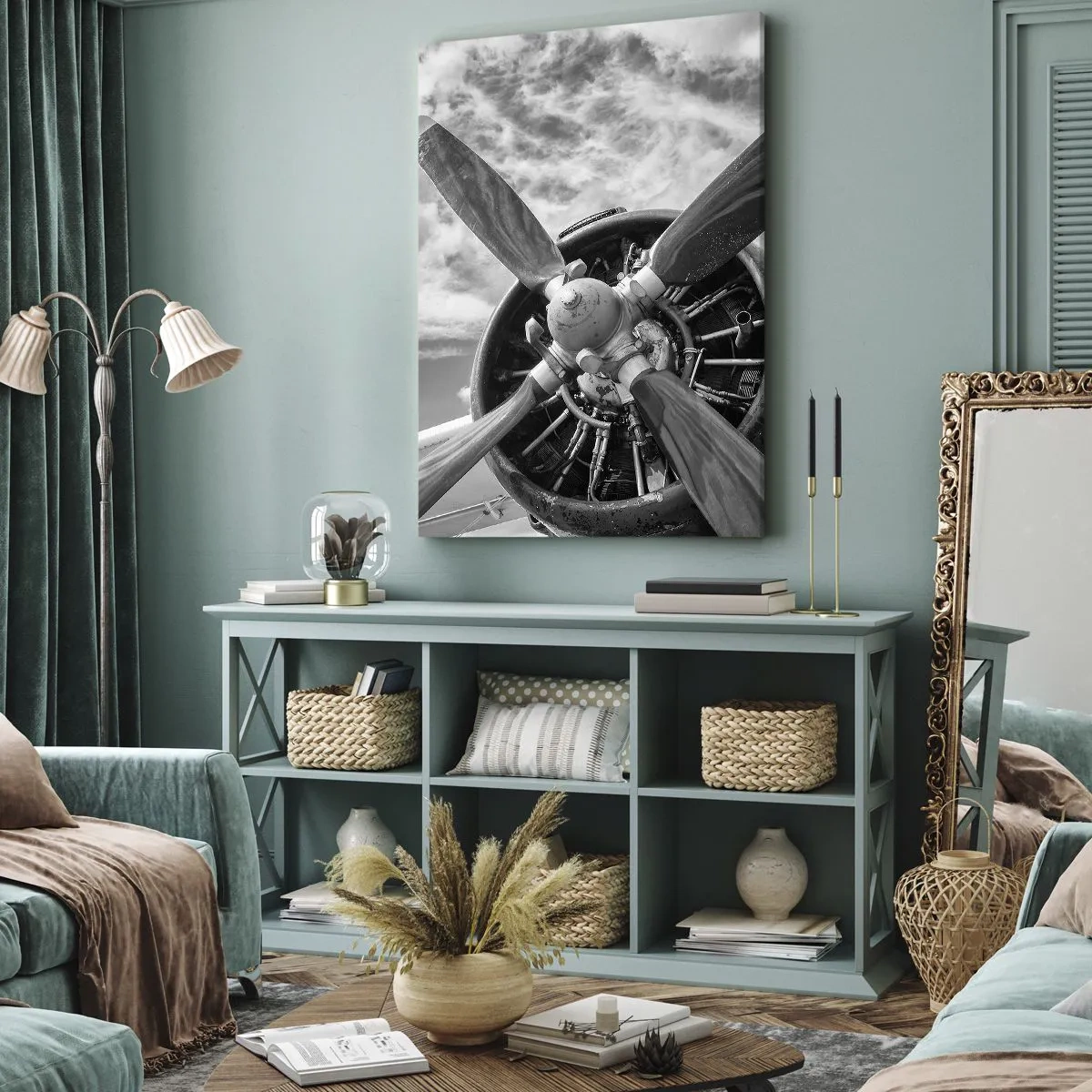 Impression sur toile - Image sur toile - Une photo en noir et blanc d'une hélice d'avion contre un ciel dynamique. - 50x70cm - Dompteur de ciel - Décoration murale moderne pour le salon et la chambre ARTTOR