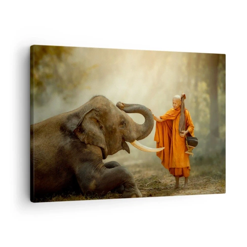 Impression sur toile - Image sur toile - Un moine et un éléphant en harmonie avec la nature en toile de fond - 70x50cm - Rencontre en voyageant - Décoration murale moderne pour le salon et la chambre ARTTOR