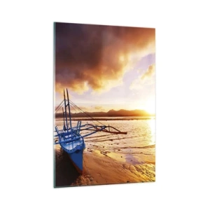 Impression sur verre - Image sur verre - Bateau bleu sur la plage au coucher du soleil - 80x120cm - Allongez-vous dans le sable après une longue journée - Décoration murale moderne pour le salon et la chambre ARTTOR