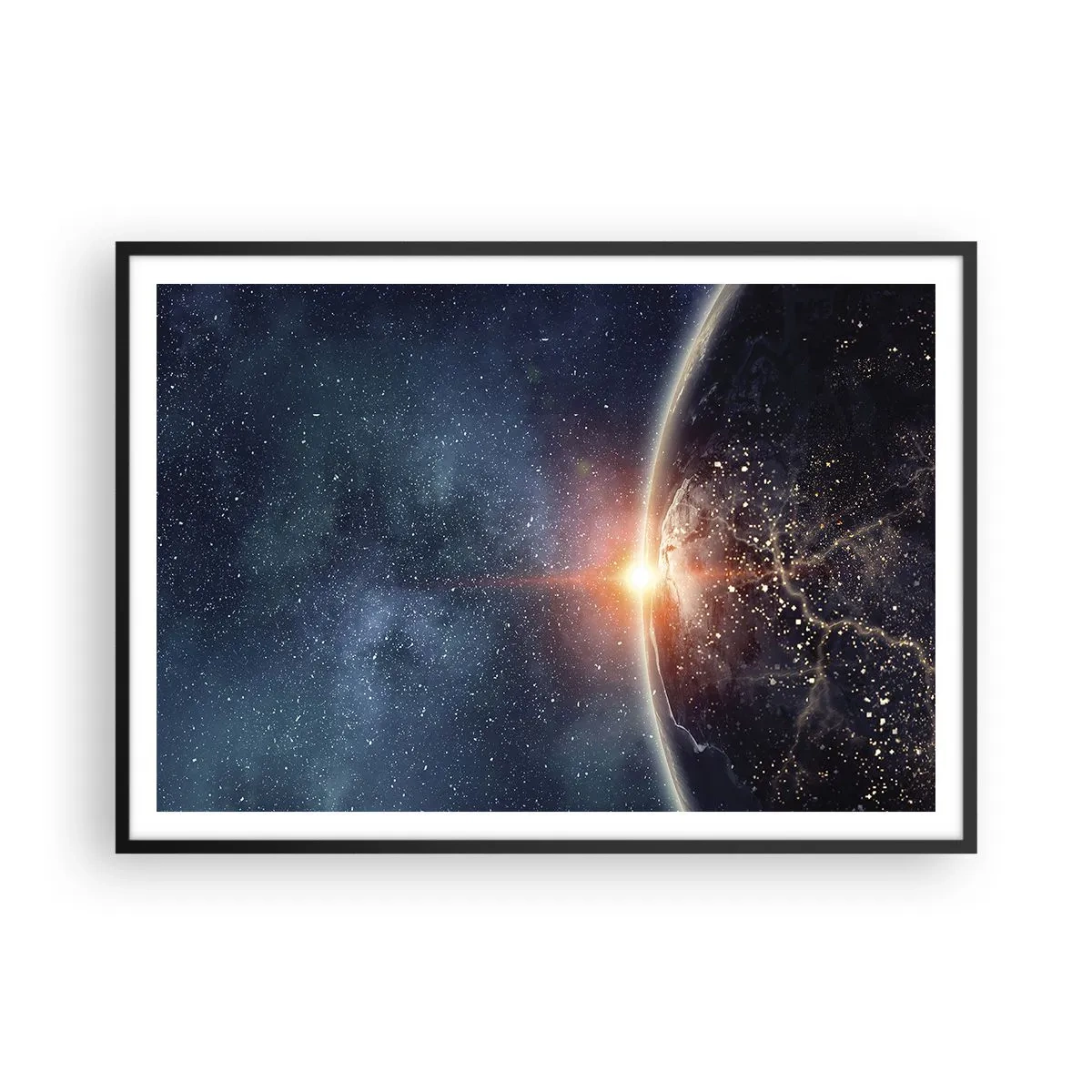Affiche dans un cadre noir - Poster - La Terre vue de l'espace avec le soleil levant - 100x70cm - Dans une nouvelle perspective - Décoration murale moderne pour le salon et la chambre ARTTOR
