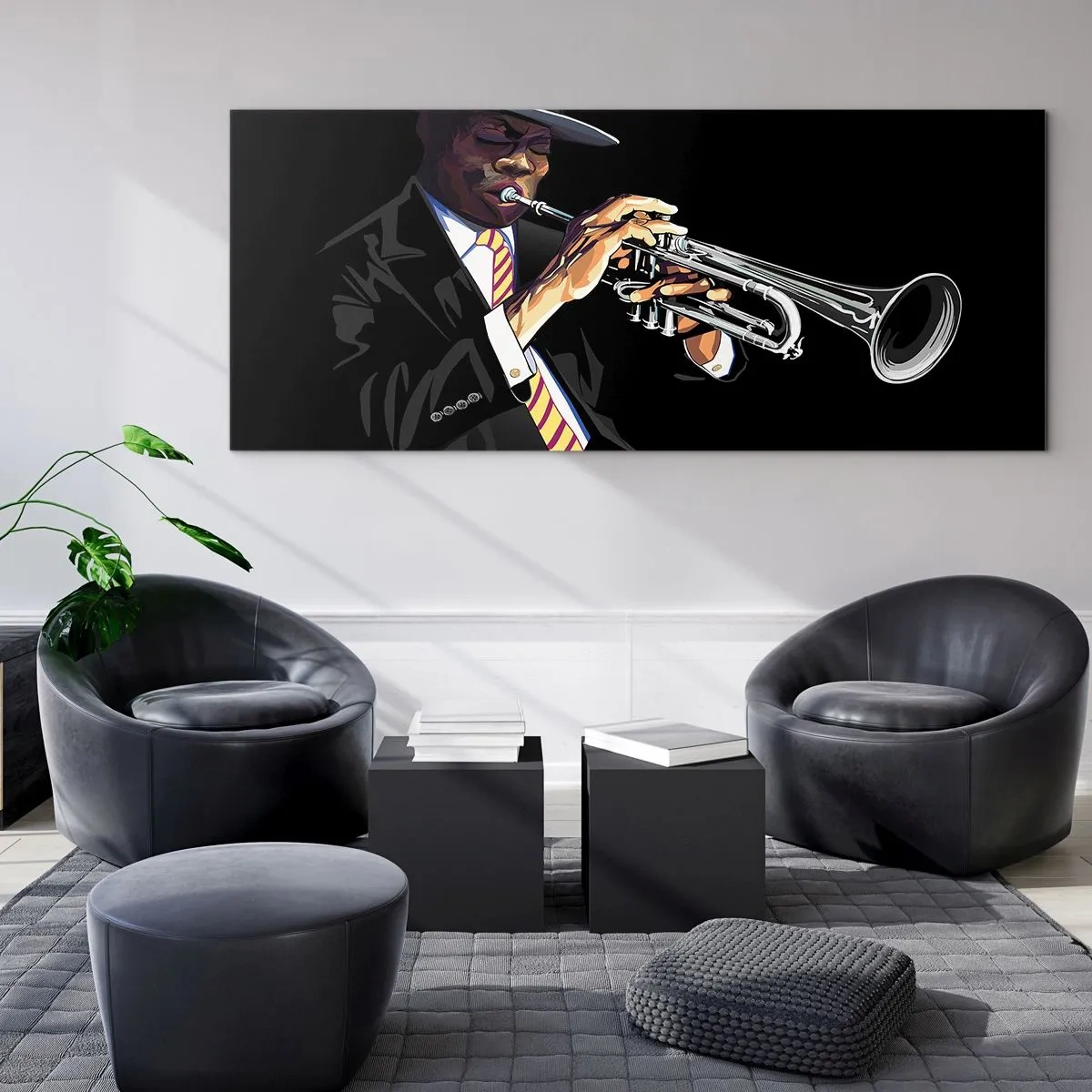 Impression sur verre - Image sur verre - Un musicien jouant de la trompette sur un fond noir - 140x50cm - Le charme de la vieille école - Décoration murale moderne pour le salon et la chambre ARTTOR