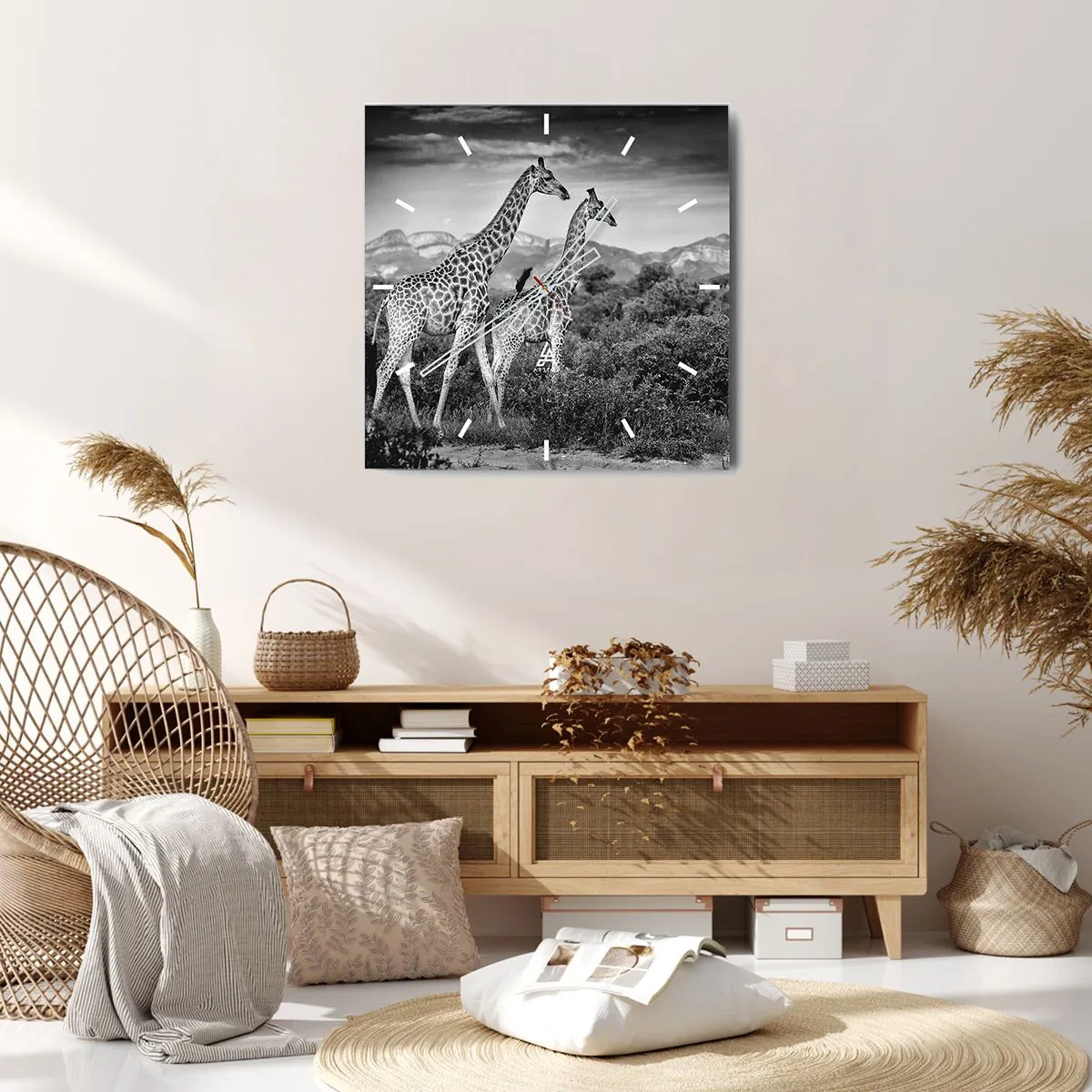 Horloge murale - Pendule murale - Silhouettes noires et blanches de deux girafes dans la savane - 30x30cm - Hautes sphères en Afrique - Décoration murale moderne pour le salon et la chambre ARTTOR