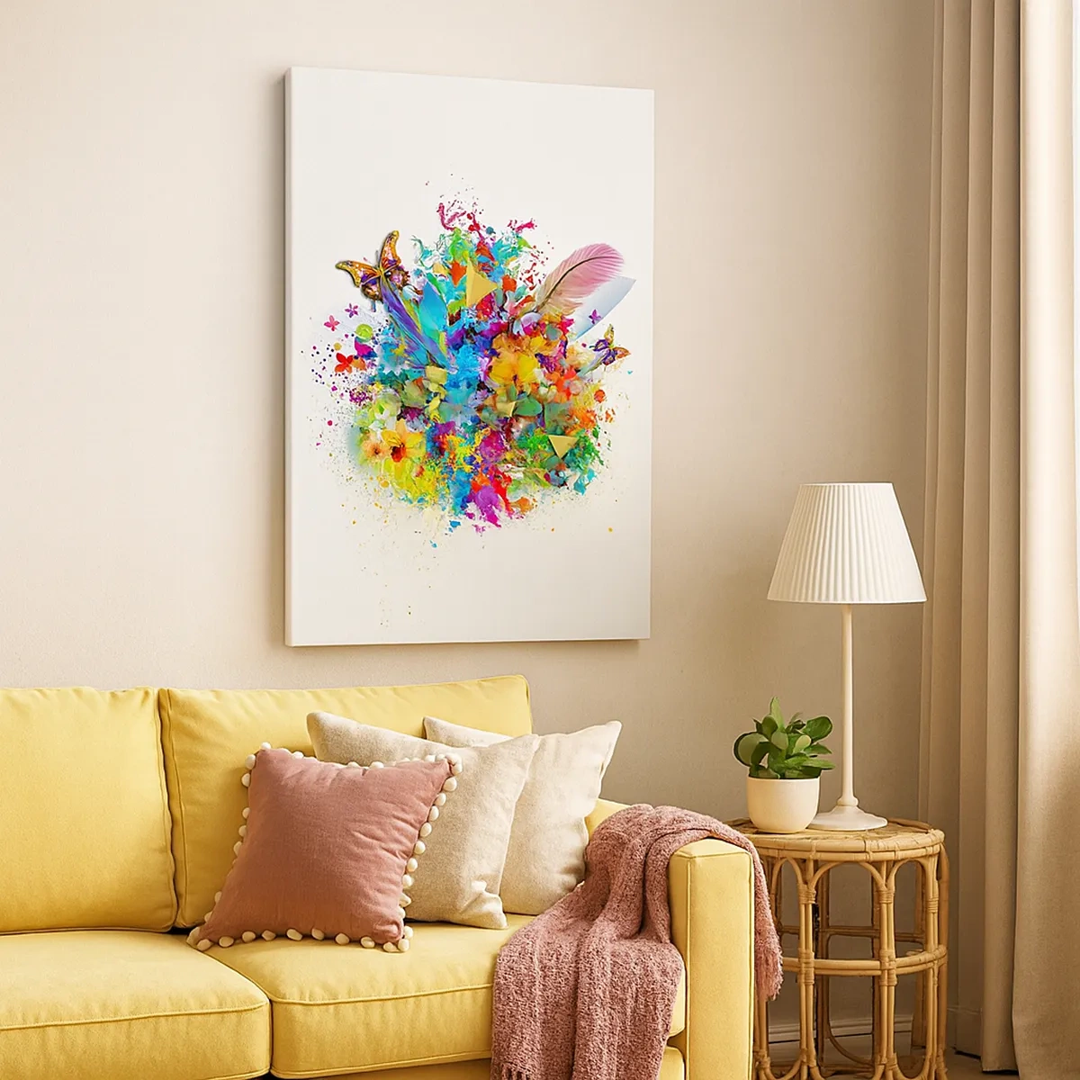 Impression sur toile - Image sur toile - Motif coloré avec des fleurs et des papillons - 50x70cm - Un bouquet de joie - Décoration murale moderne pour le salon et la chambre ARTTOR