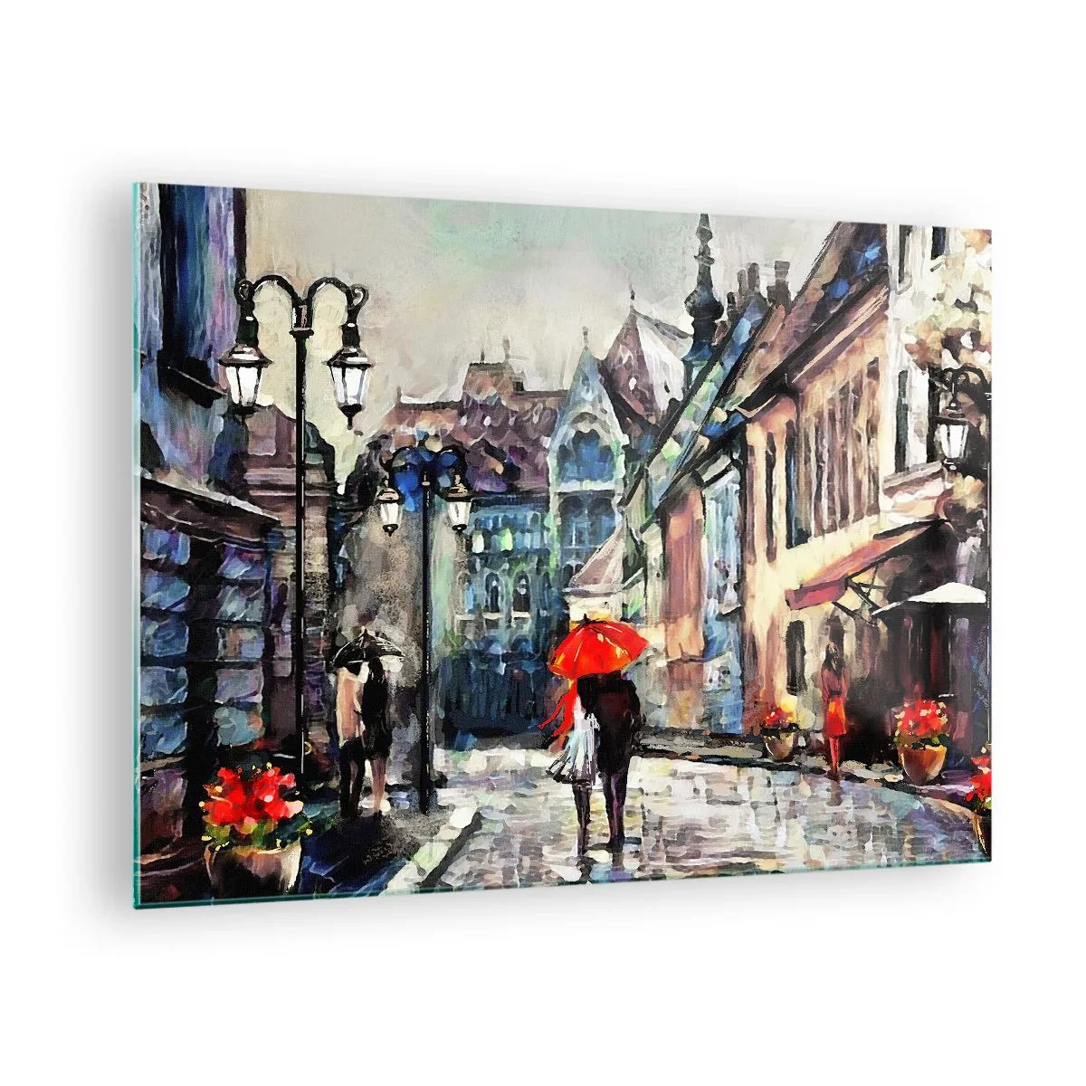 Impression sur verre - Image sur verre - Un couple sous un parapluie rouge se promenant dans une rue pittoresque - 70x50cm - Pluie pour deux - Décoration murale moderne pour le salon et la chambre ARTTOR