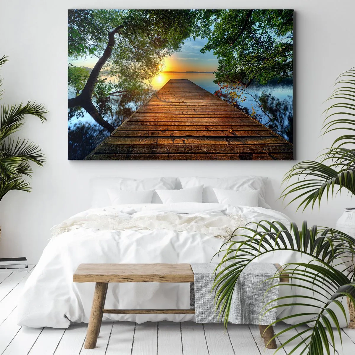 Impression sur toile - Image sur toile - Une jetée en bois entourée de verdure au coucher du soleil - 100x70cm - Prenez votre temps, asseyez-vous - Décoration murale moderne pour le salon et la chambre ARTTOR