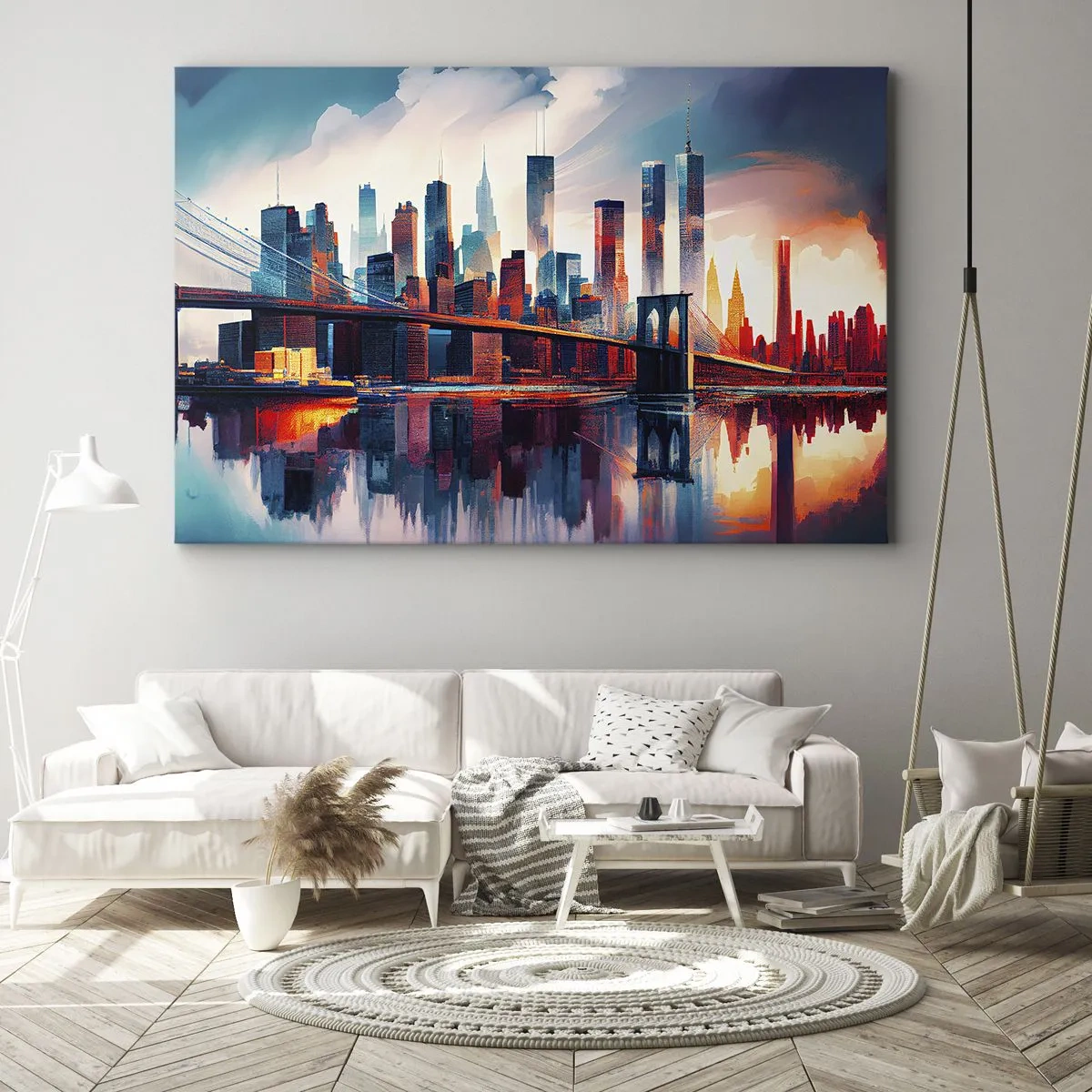 Impression sur toile - Image sur toile - Panorama de la ville de New York avec pont et reflet dans l'eau - 100x70cm - New York onirique - Décoration murale moderne pour le salon et la chambre ARTTOR