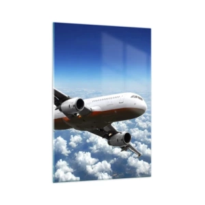 Impression sur verre - Image sur verre - Un avion de ligne volant au-dessus des nuages contre un ciel bleu. - 70x100cm - Éloignez-vous de tout - Décoration murale moderne pour le salon et la chambre ARTTOR