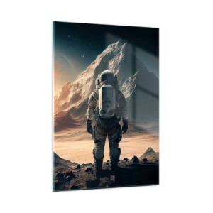 Impression sur verre - Image sur verre - Astronaute sur une planète extraterrestre avec un paysage montagneux - 50x70cm - Nouveau défi - Décoration murale moderne pour le salon et la chambre ARTTOR