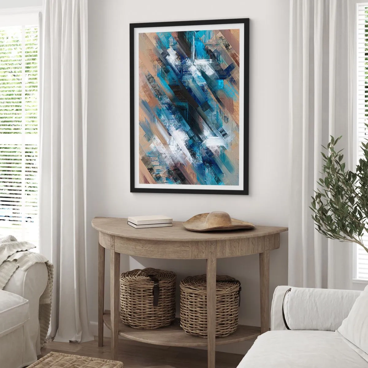 Affiche dans un cadre noir - Poster - Diagonale de bleus - 70x100 cm