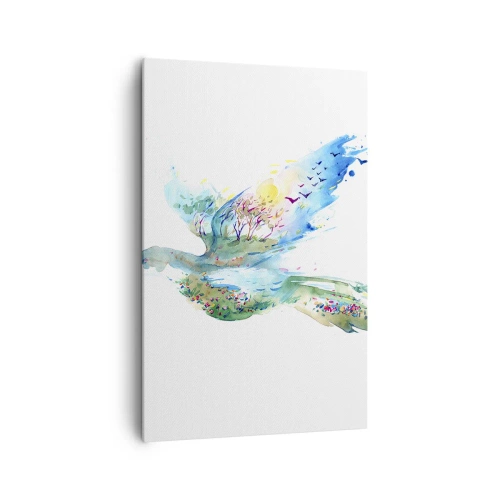 Impression sur toile - Image sur toile - Composition à l'aquarelle d'un oiseau avec des éléments de la nature - 80x120cm - Sur les ailes de la nature - Décoration murale moderne pour le salon et la chambre ARTTOR