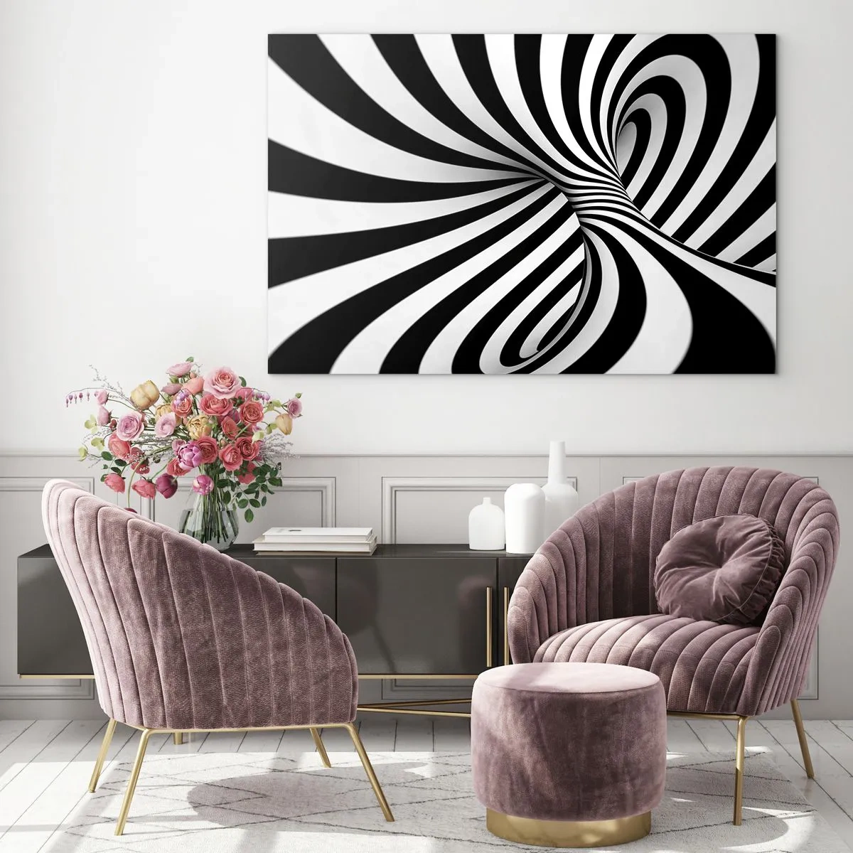 Impression sur verre - Image sur verre - Une spirale noire et blanche créant un effet spatial dynamique. - 120x80cm - Composition : espace de danse - Décoration murale moderne pour le salon et la chambre ARTTOR