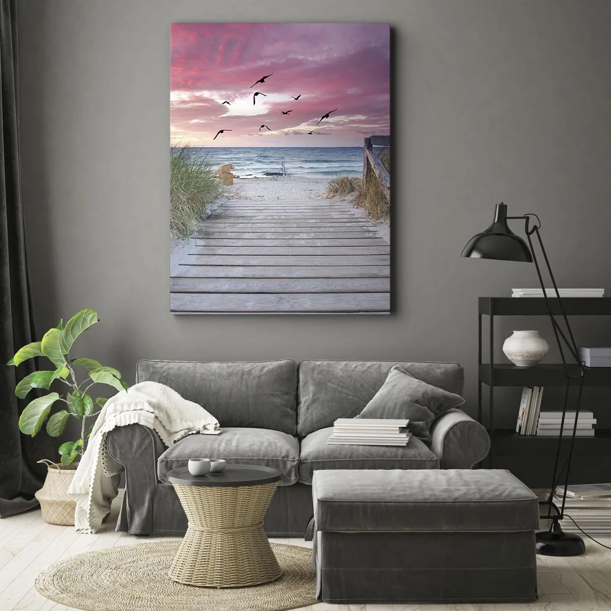Impression sur toile - Image sur toile - Chemin en bois sur la plage au coucher du soleil rose - 80x120cm - Impression de la Baltique - Décoration murale moderne pour le salon et la chambre ARTTOR