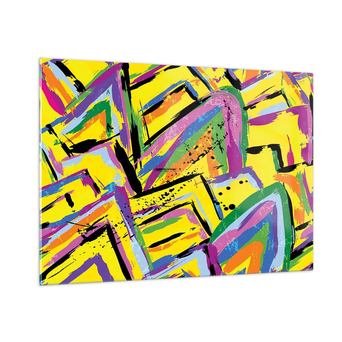 Impression sur verre - Image sur verre - Abstraction intense aux couleurs vives sur fond jaune - 100x70cm - Jusqu'à ce qu'il crie de joie - Décoration murale moderne pour le salon et la chambre ARTTOR