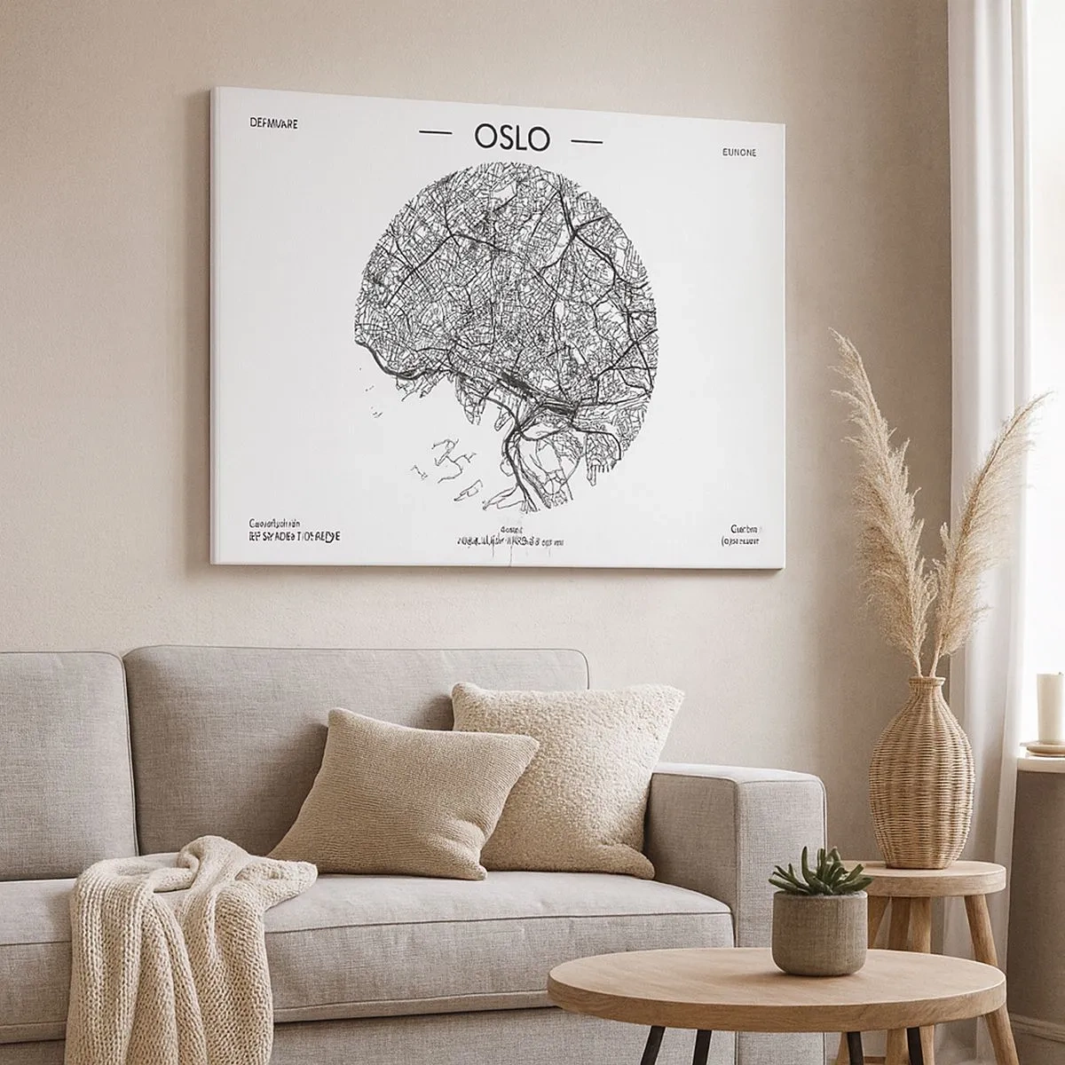 Impression sur toile - Image sur toile - Une carte d'Oslo dans un style minimaliste en noir et blanc. - 70x50cm - Anatomie d’Oslo - Décoration murale moderne pour le salon et la chambre ARTTOR