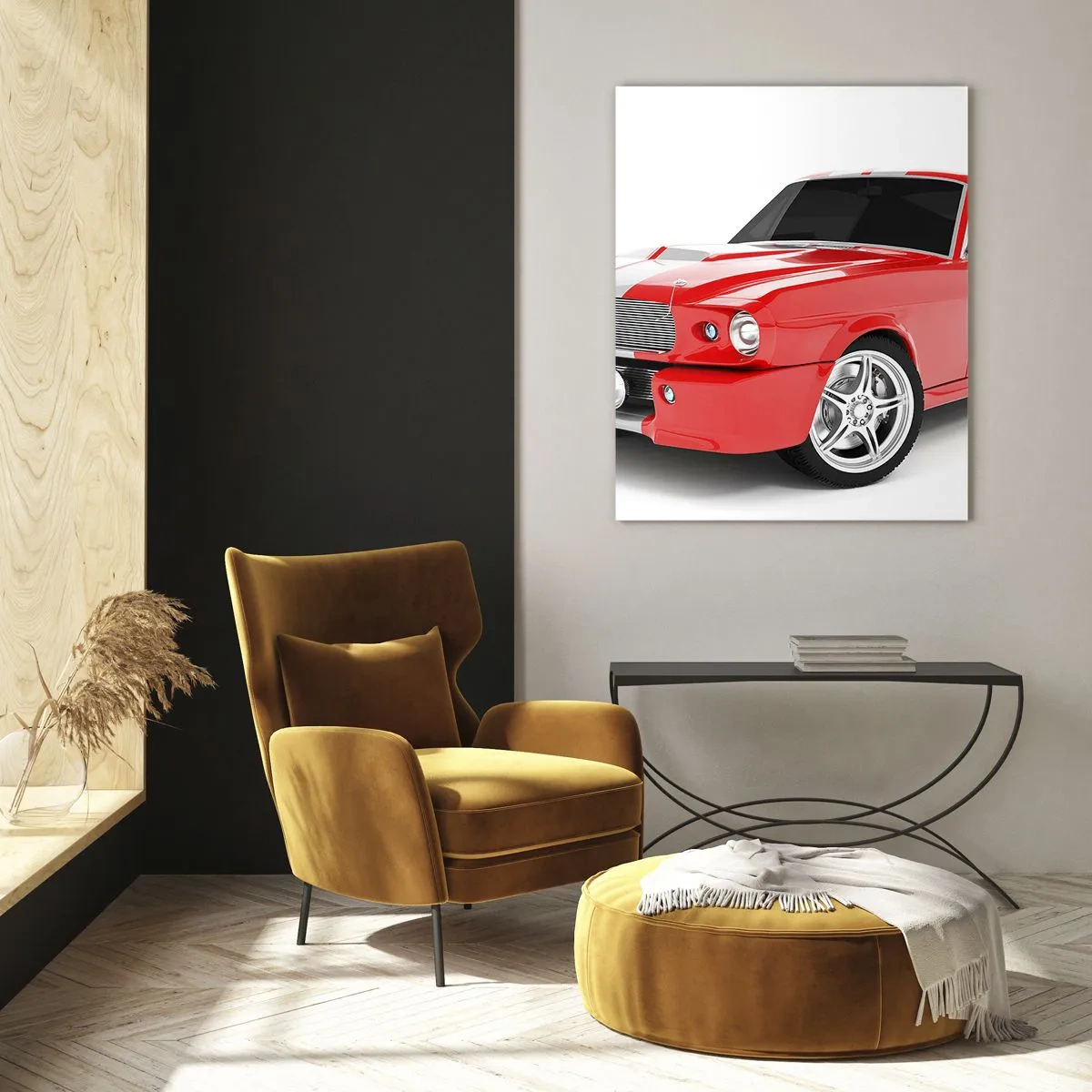 Impression sur verre - Image sur verre - Voiture de sport Mustang classique rouge - 50x70cm - Une Mustang aussi rapide que le vent - Décoration murale moderne pour le salon et la chambre ARTTOR