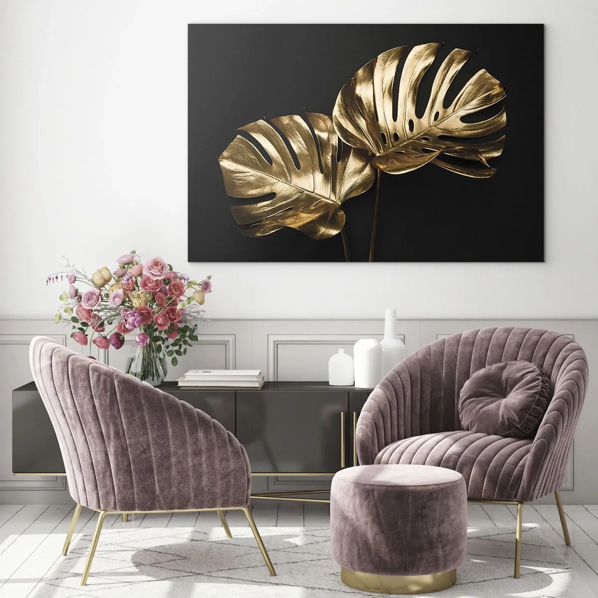 Impression sur verre - Image sur verre - Feuilles de monstera dorées sur fond noir - 120x80cm - Les trésors de la nature - Décoration murale moderne pour le salon et la chambre ARTTOR