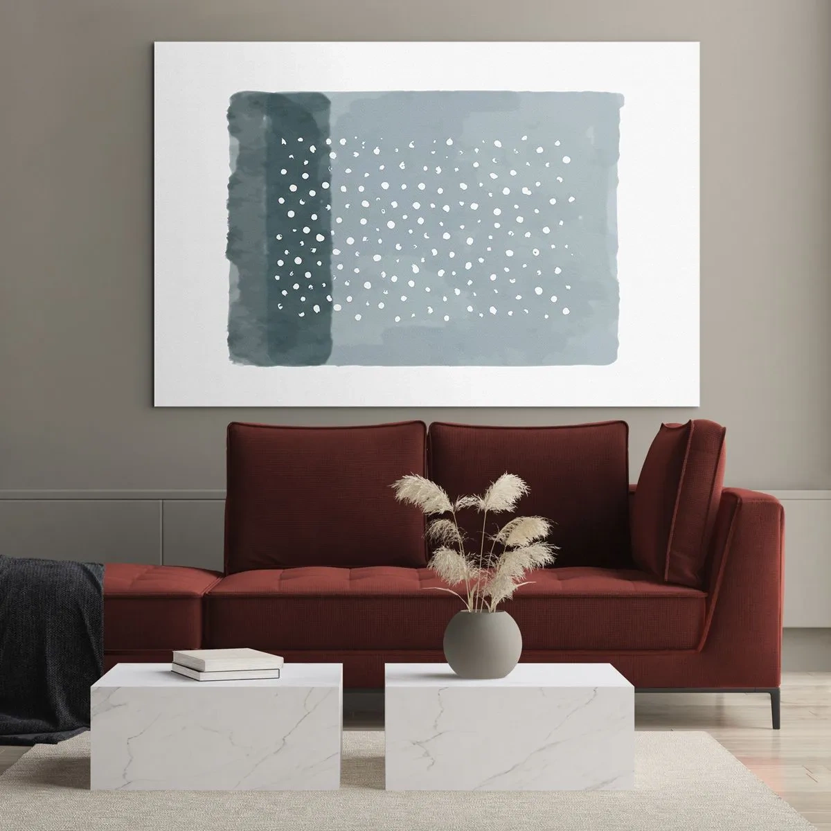 Impression sur verre - Image sur verre - Une peinture abstraite dans des tons de bleu avec des points blancs. - 120x80cm - Évolution de bleus - Décoration murale moderne pour le salon et la chambre ARTTOR