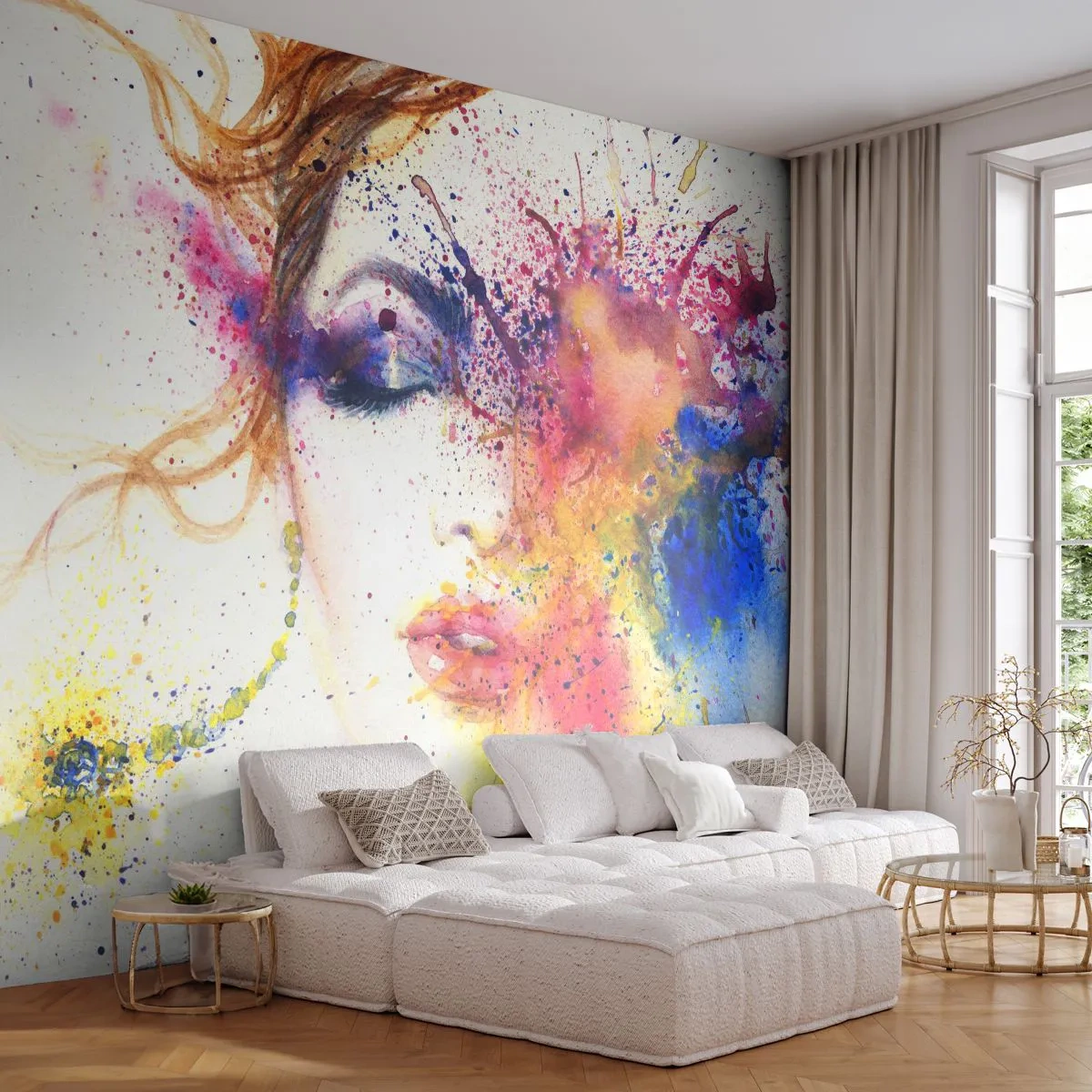 Papier Peint Photo Premium Sand - Vertiges arc-en-ciel - Abstraction, Visage de femme, Portrait d'une femme - 350x256 cm