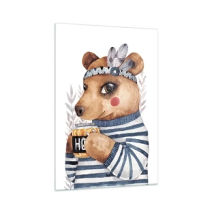 Impression sur verre - Image sur verre - Un ours en peluche dans un pull rayé avec une tasse de miel - 70x100cm - Un nounours trop mignon - Décoration murale moderne pour le salon et la chambre ARTTOR