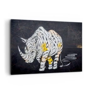Impression sur toile - Image sur toile - Un rhinocéros sculpté avec des rayures abstraites sur un fond sombre. - 100x70cm - La peau épaisse est un mythe - Décoration murale moderne pour le salon et la chambre ARTTOR