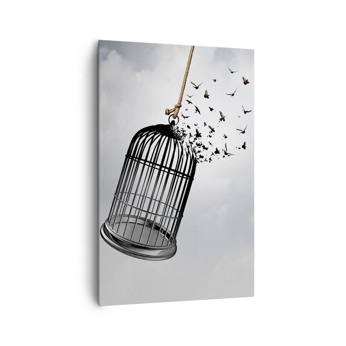 Impression sur toile - Image sur toile - Des oiseaux s'envolent d'une cage dans le ciel - 80x120cm - Foie...Espoir...Liberté! - Décoration murale moderne pour le salon et la chambre ARTTOR