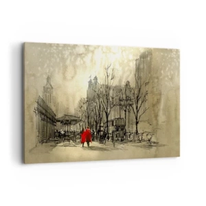 Impression sur toile - Image sur toile - Une figure rouge dans un décor urbain nostalgique - 120x80cm - Rendez-vous dans le brouillard de Londres - Décoration murale moderne pour le salon et la chambre ARTTOR