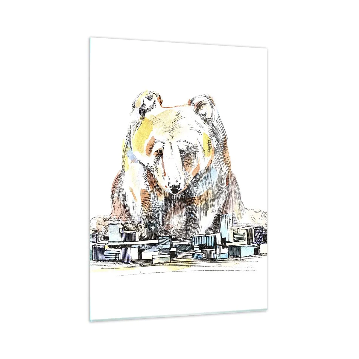 Impression sur verre - Image sur verre - Un ours regardant la ville dans une composition artistique - 50x70cm - Comment peut-on vivre ainsi ? - Décoration murale moderne pour le salon et la chambre ARTTOR