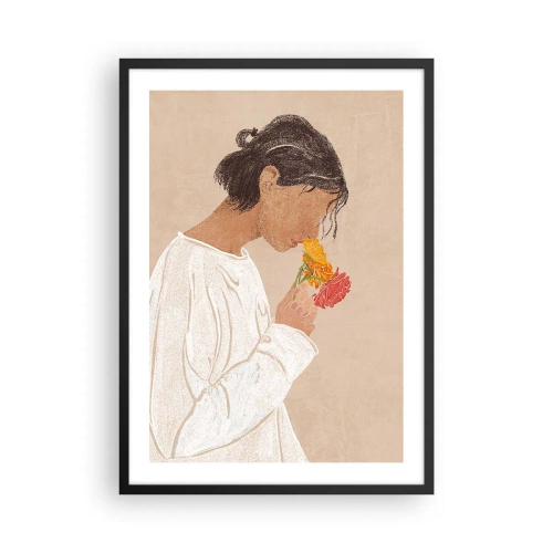 Affiche dans un cadre noir - Poster - Une femme en blanc réfléchissant sur des fleurs - 50x70cm - Fille et fleurs - Décoration murale moderne pour le salon et la chambre ARTTOR