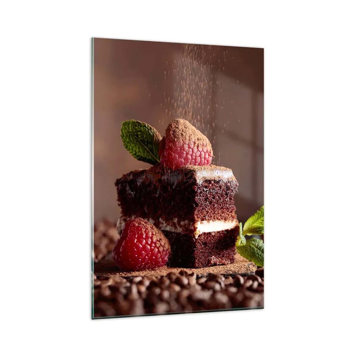 Impression sur verre - Image sur verre - Gâteau au chocolat aux framboises et à la menthe sur fond de fèves de cacao - 80x120cm - La vie est douce - Décoration murale moderne pour le salon et la chambre ARTTOR