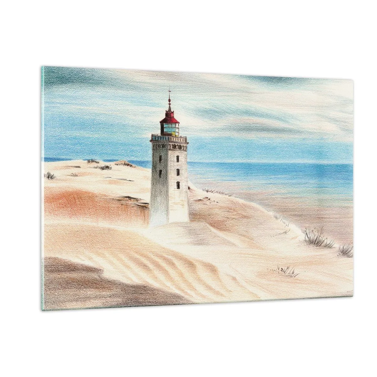 Impression sur verre - Image sur verre - Un phare sur une dune du désert au bord d'une mer calme - 120x80cm - Toujours regarder la mer - Décoration murale moderne pour le salon et la chambre ARTTOR