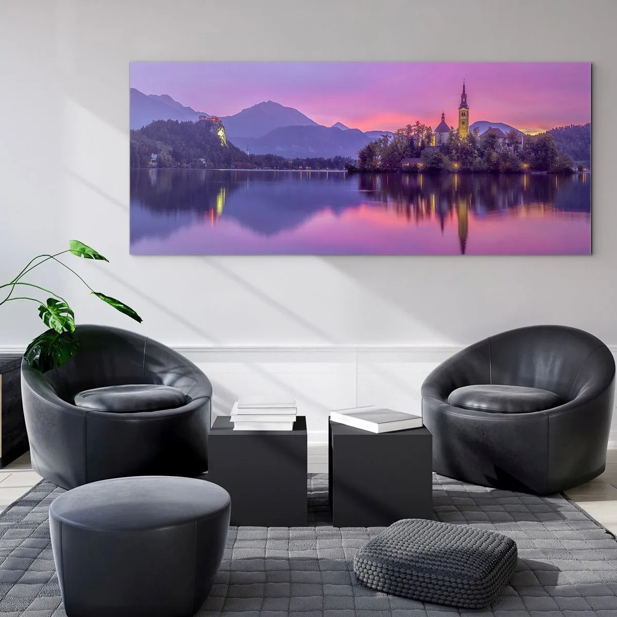 Impression sur verre - Image sur verre - Lac avec une île et une église au coucher du soleil - 120x50cm - Une île de conte de fées au crépuscule - Décoration murale moderne pour le salon et la chambre ARTTOR