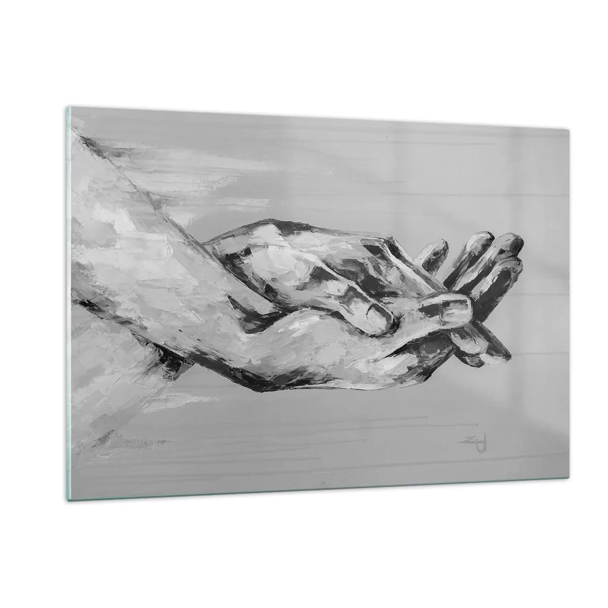 Impression sur verre - Image sur verre - Peinture en noir et blanc de deux mains se tendant l'une vers l'autre - 120x80cm - Début... - Décoration murale moderne pour le salon et la chambre ARTTOR