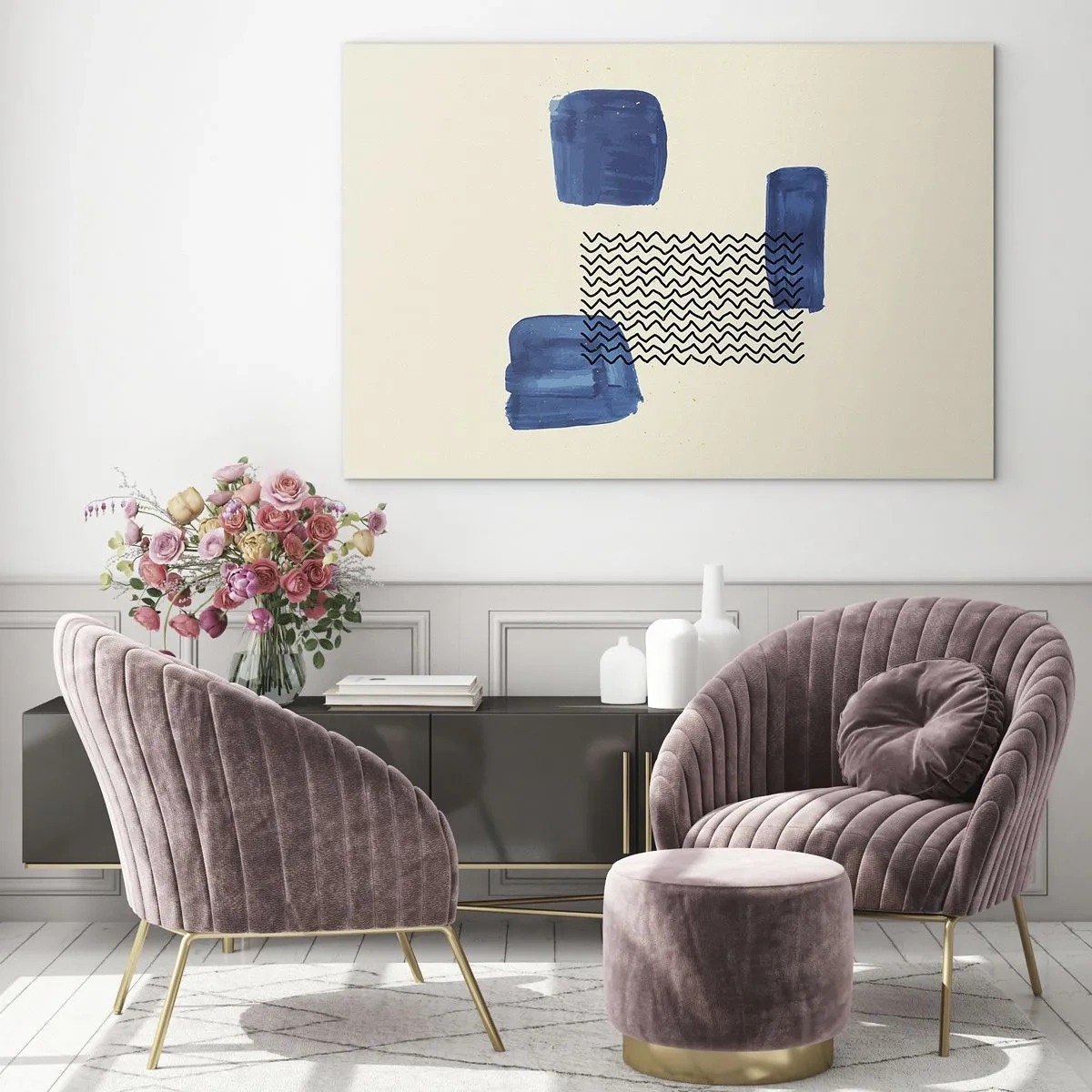 Impression sur verre - Image sur verre - Abstraction moderne avec des accents bleus - 100x70cm - Quatuor abstrait - Décoration murale moderne pour le salon et la chambre ARTTOR