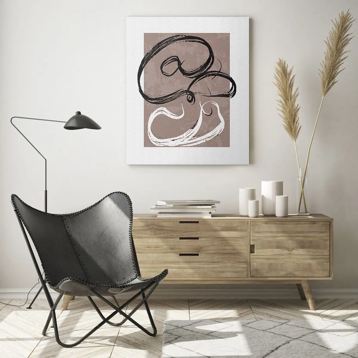 Impression sur verre - Image sur verre - Coups de pinceau dynamiques en noir et blanc sur fond beige. - 50x70cm - Composition – la recherche de la plénitude - Décoration murale moderne pour le salon et la chambre ARTTOR
