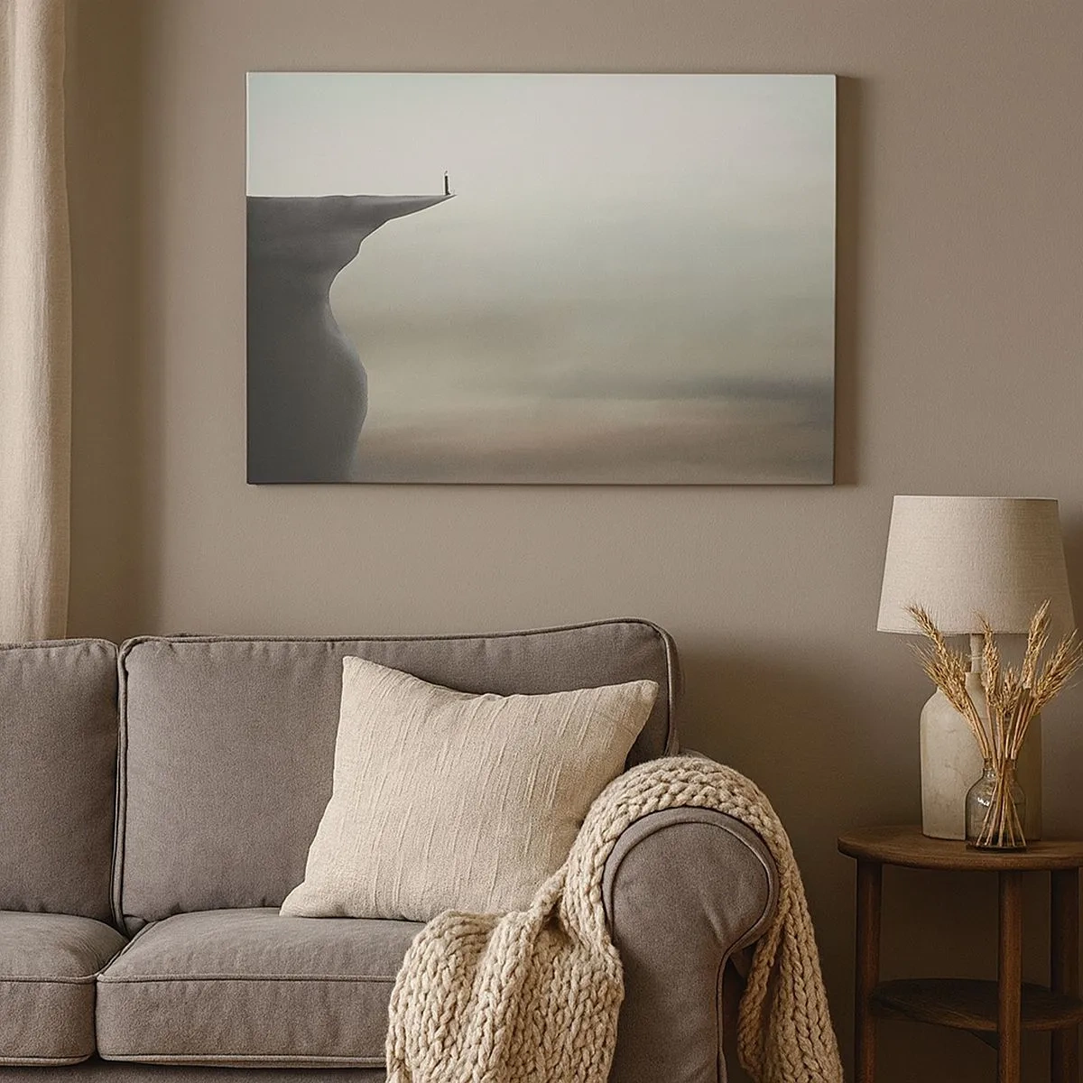 Impression sur toile - Image sur toile - Silhouette d'une figure au bord d'une falaise dans un paysage brumeux - 70x50cm - Tout en haut, bien entendu! - Décoration murale moderne pour le salon et la chambre ARTTOR