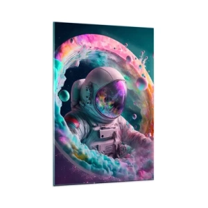 Impression sur verre - Image sur verre - Astronaute dans une aura cosmique colorée - 80x120cm - porte des étoiles - Décoration murale moderne pour le salon et la chambre ARTTOR