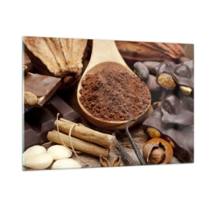 Impression sur verre - Image sur verre - Une cuillerée de cacao entourée de chocolat, d'épices et de noix - 120x80cm - La meilleure pour les chagrins - Décoration murale moderne pour le salon et la chambre ARTTOR