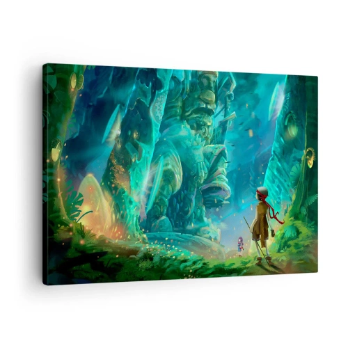 Impression sur toile - Image sur toile - Forêt magique avec un personnage d'explorateur - 70x50cm - Du grand livre des contes de fées - Décoration murale moderne pour le salon et la chambre ARTTOR