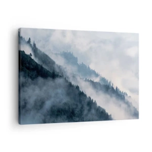 Impression sur toile - Image sur toile - Le brouillard plane sur les flancs boisés des montagnes dans un paysage mystérieux - 70x50cm - Mysticisme des montagnes - Décoration murale moderne pour le salon et la chambre ARTTOR