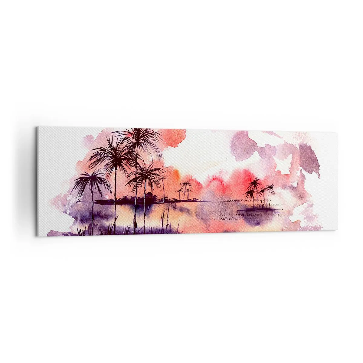 Impression sur toile - Image sur toile - Paysage tropical avec palmiers au coucher du soleil à l'aquarelle - 160x50cm - La tranquillité des tropiques en rouge - Décoration murale moderne pour le salon et la chambre ARTTOR