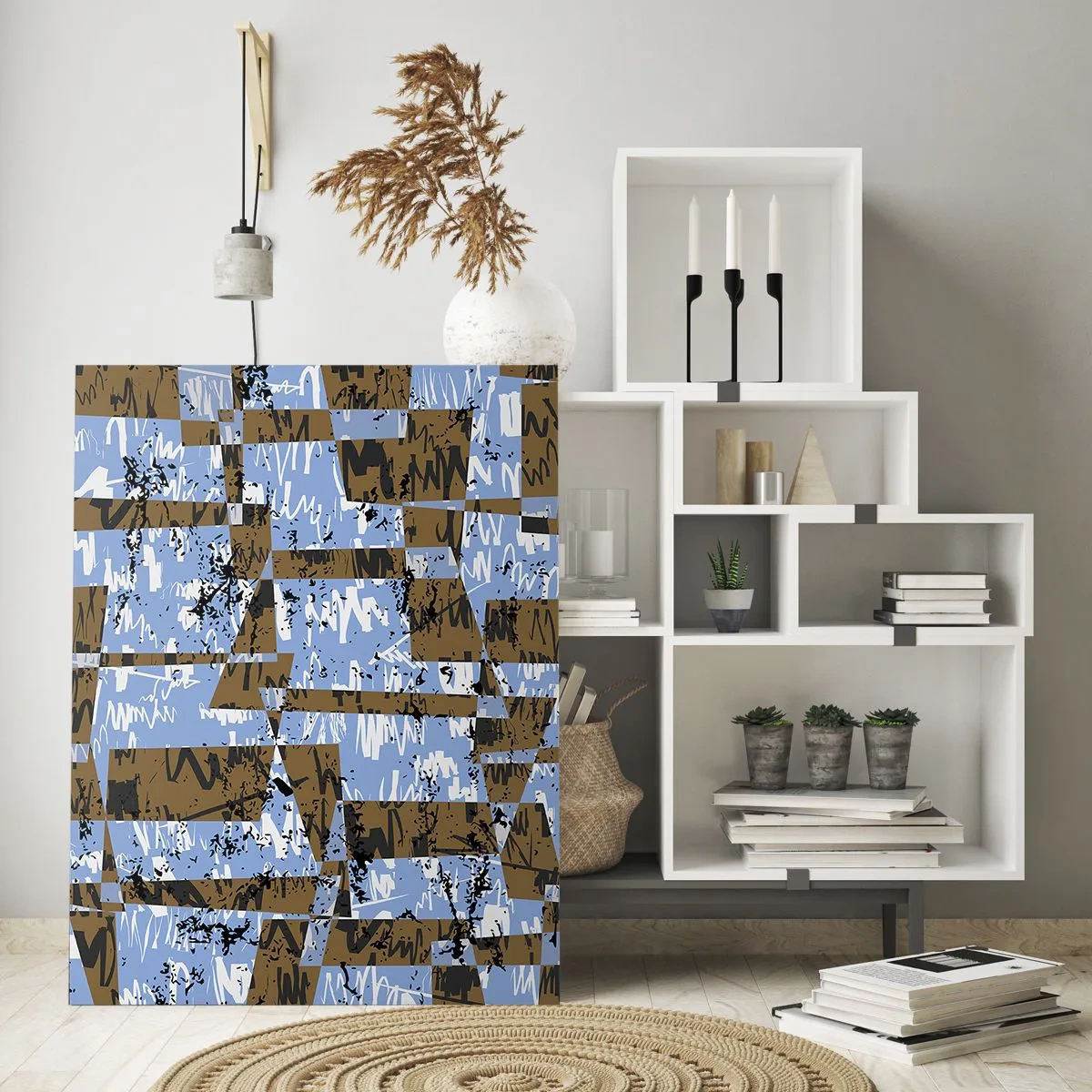 Impression sur verre - Image sur verre - Une composition abstraite de rectangles dans des tons de marron et de bleu. - 70x100cm - Une découpe non humaine - Décoration murale moderne pour le salon et la chambre ARTTOR